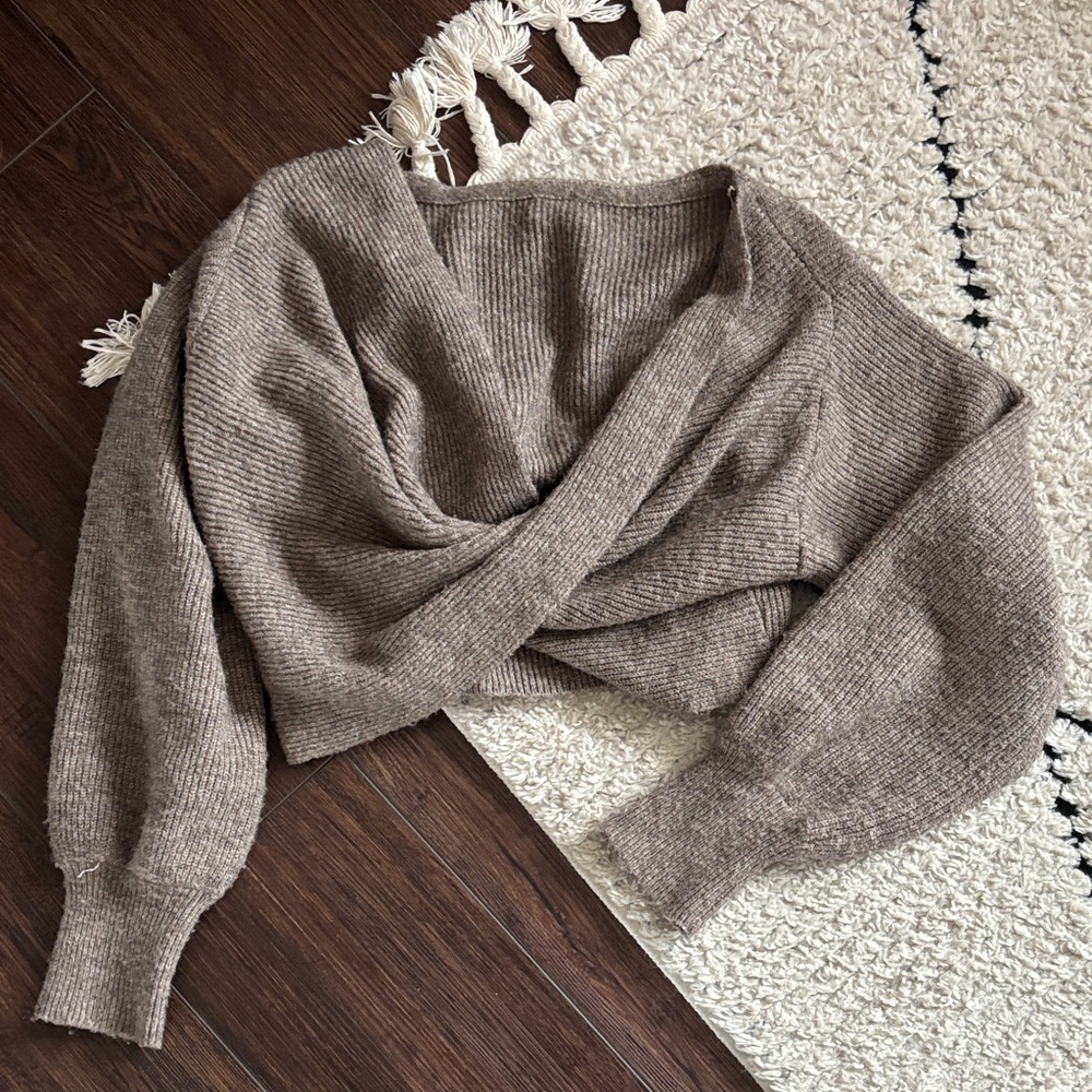 Cozy Off-the-Shoulder Twist Sweater in Taupe